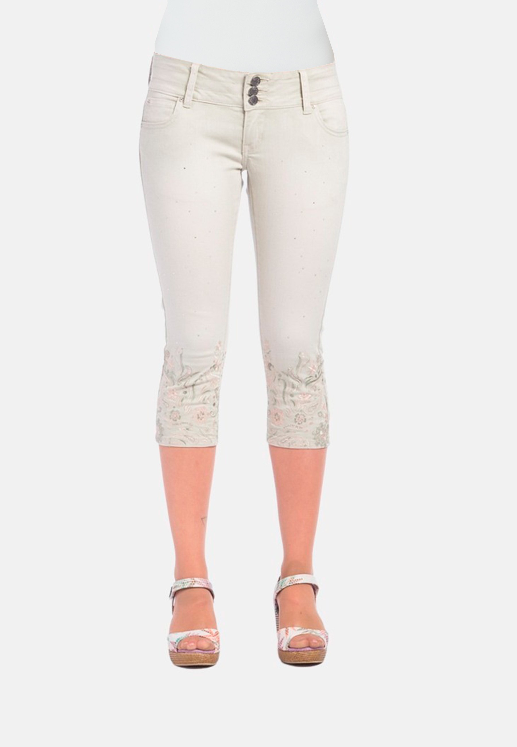 Pantalón pirata denim bordado color Crudo para Mujer