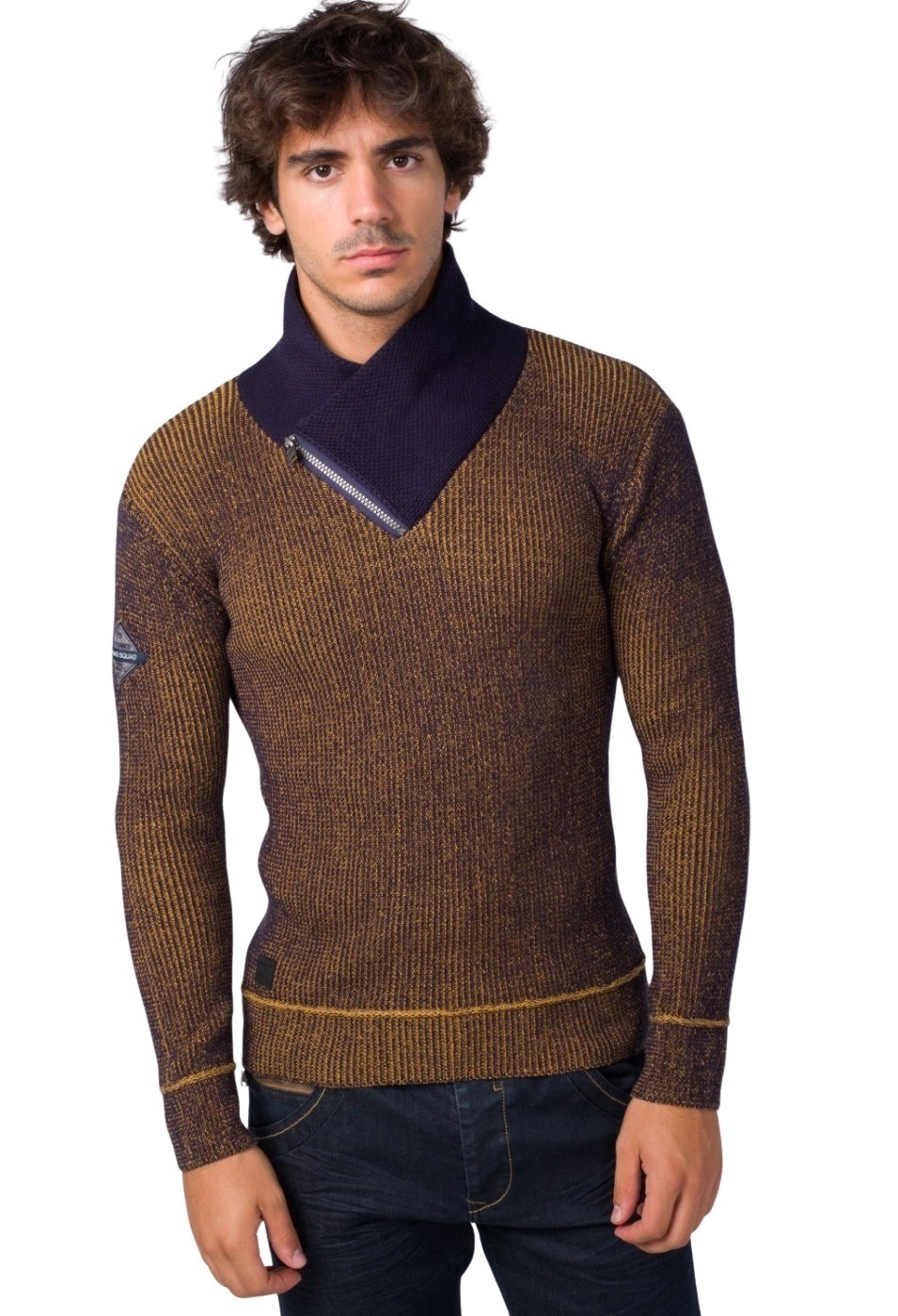 Jersey tricot cuello smoking de algodón color Ocre para Hombre