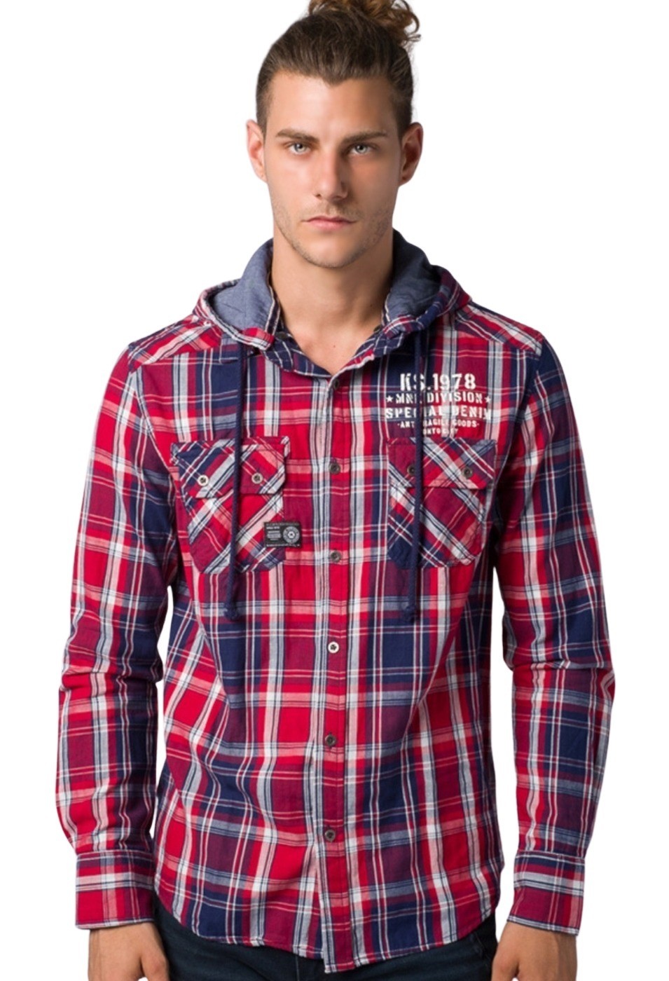 Sobrecamisa cuadros de algodón efecto lavado con capucha color Rojo para Hombre