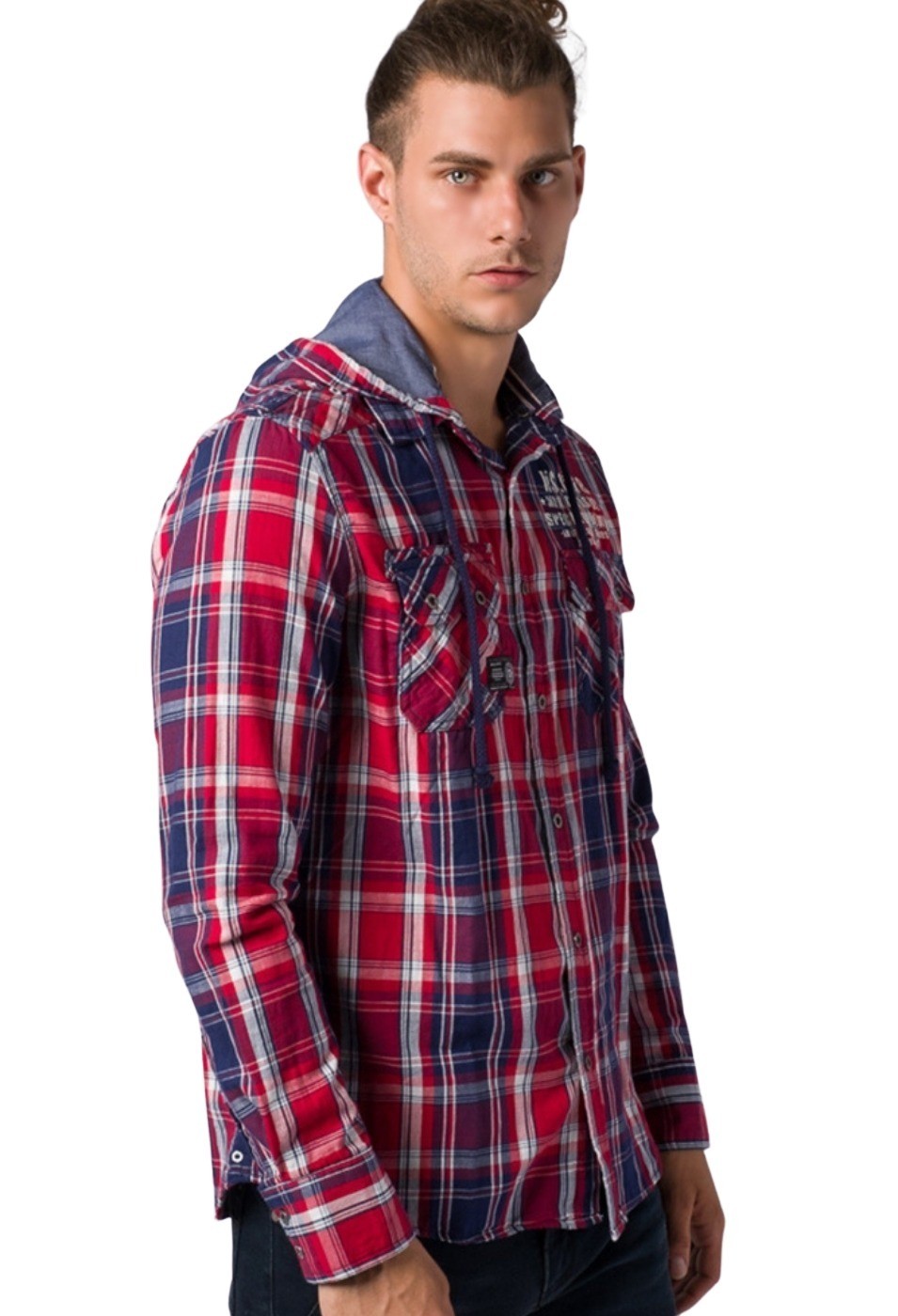 Sobrecamisa cuadros de algodón efecto lavado con capucha color Rojo para Hombre 3