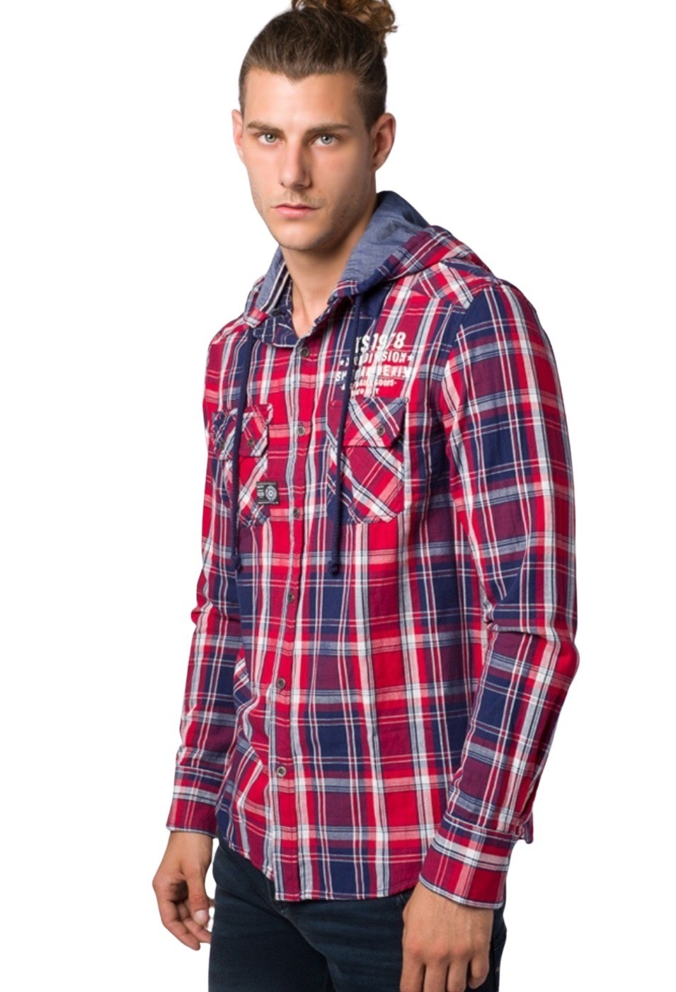 Sobrecamisa cuadros de algodón efecto lavado con capucha color Rojo para Hombre 2