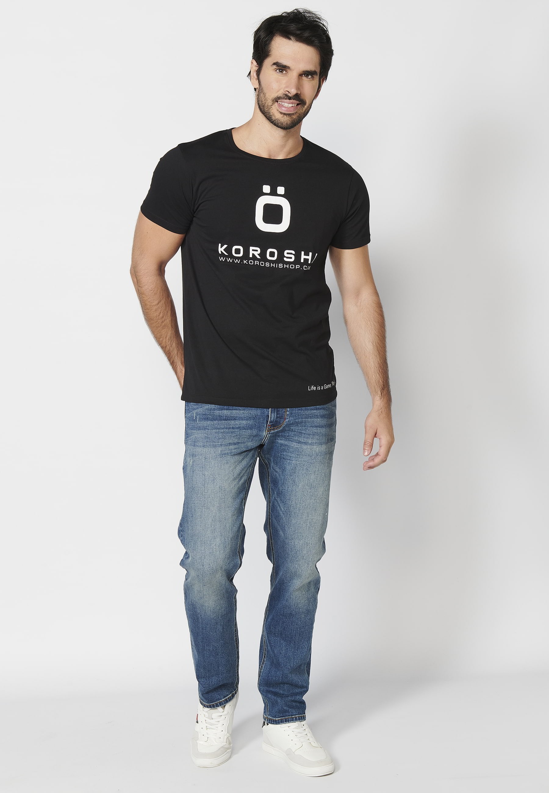 Short-sleeved Cotton T-shirt with front logo in Black color for Men