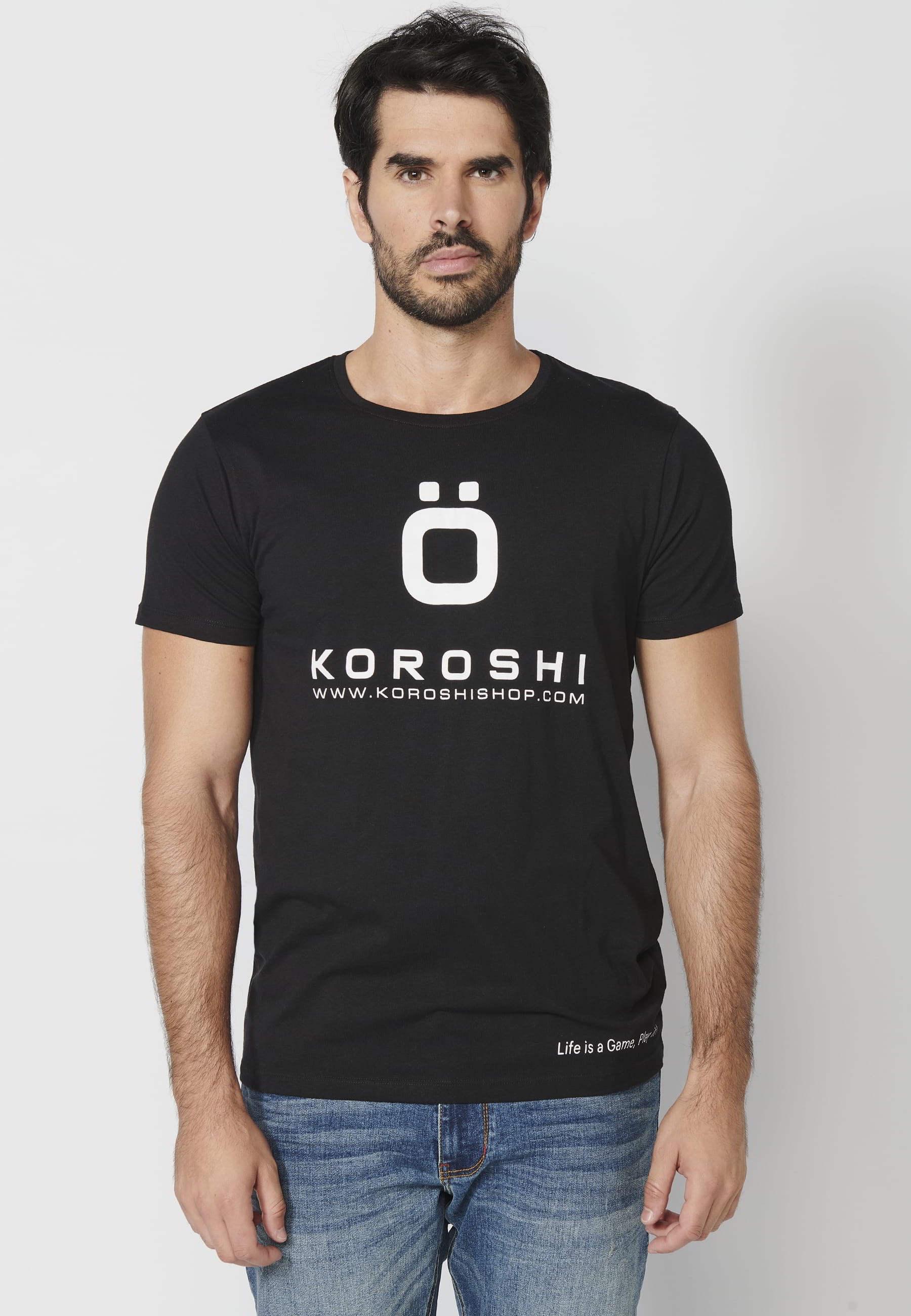 Short-sleeved Cotton T-shirt with front logo in Black color for Men