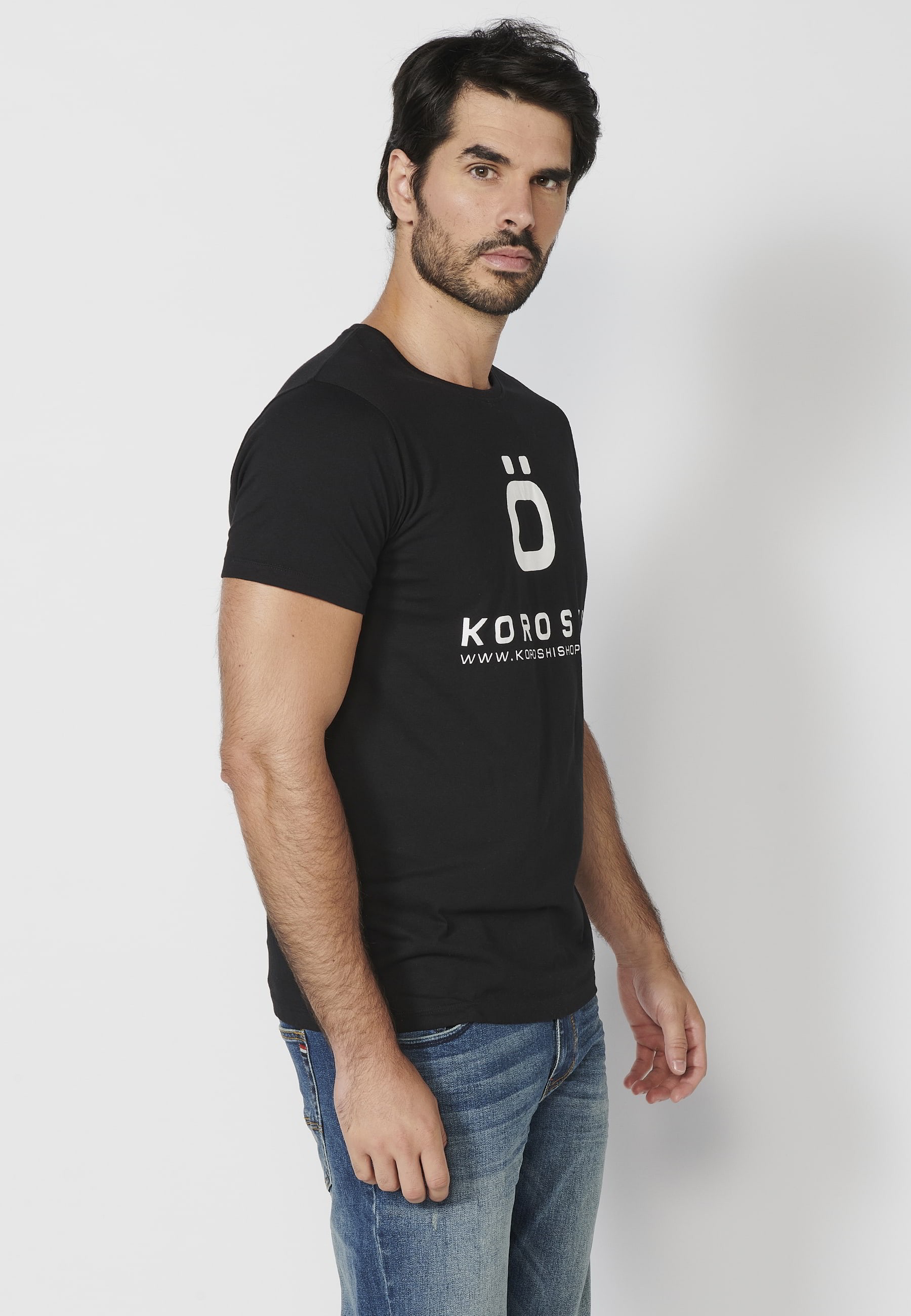 Short-sleeved Cotton T-shirt with front logo in Black color for Men