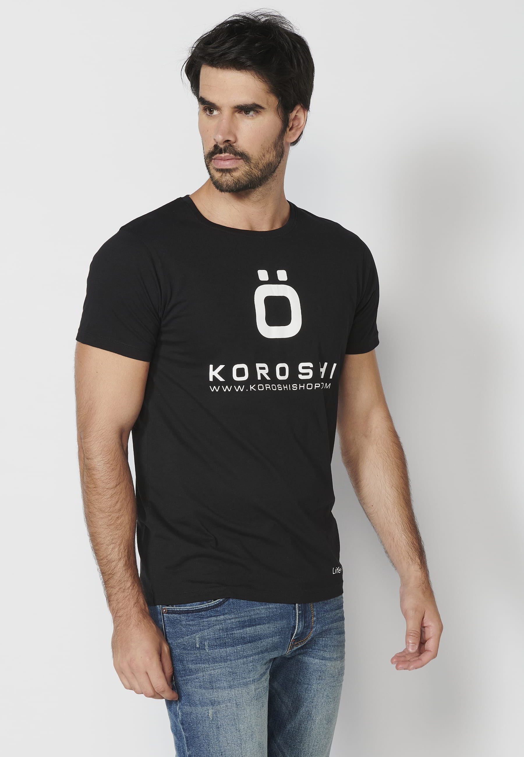 Short-sleeved Cotton T-shirt with front logo in Black color for Men