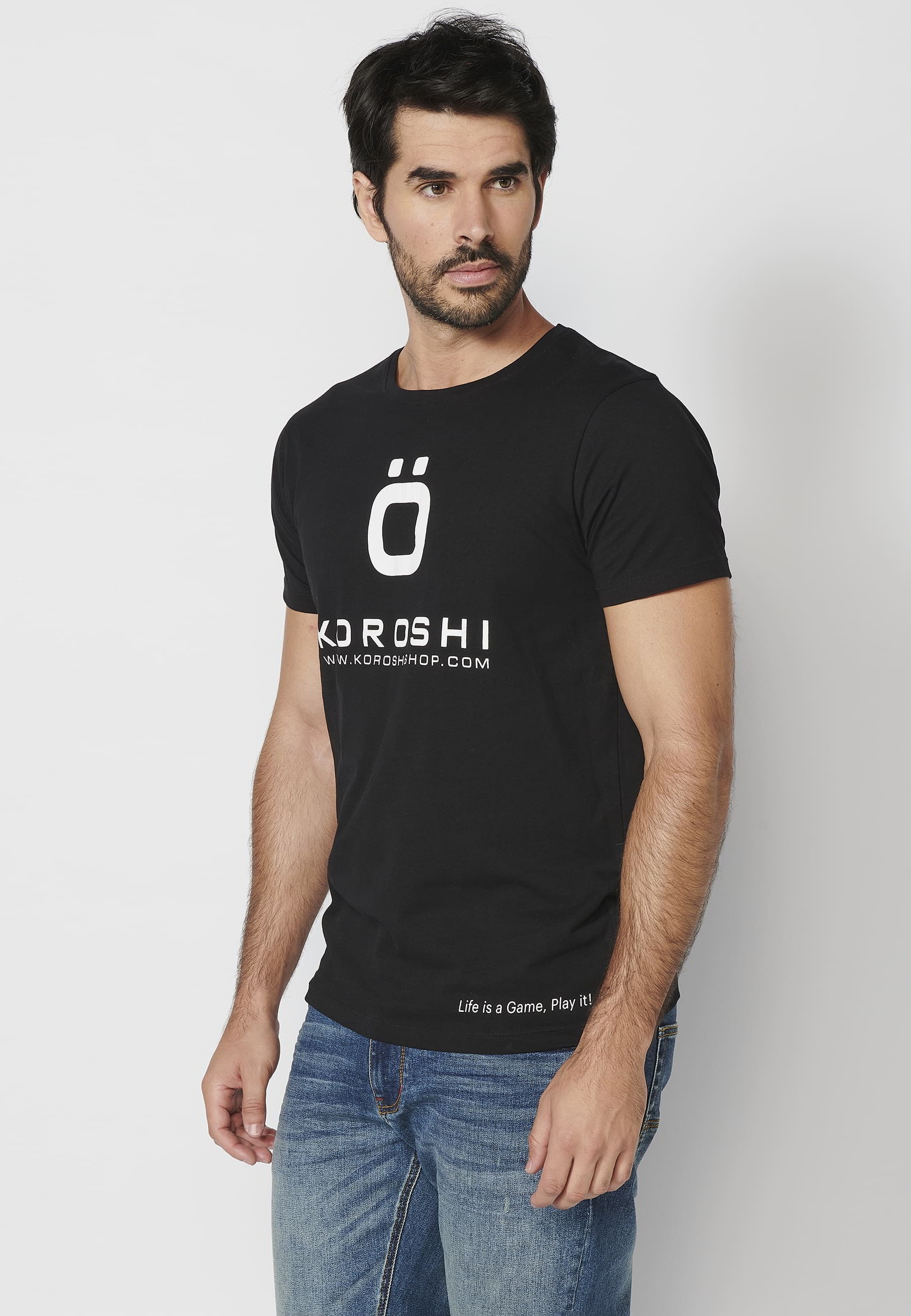 Short-sleeved Cotton T-shirt with front logo in Black color for Men