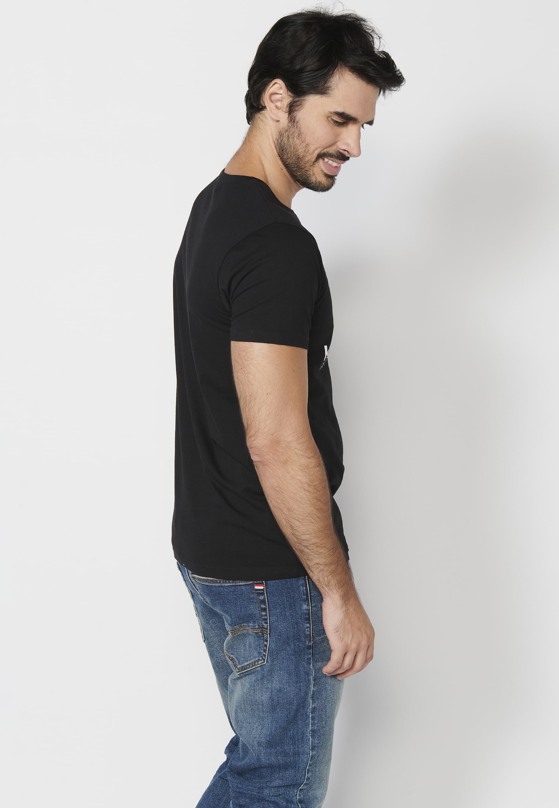 Short-sleeved Cotton T-shirt with front logo in Black color for Men