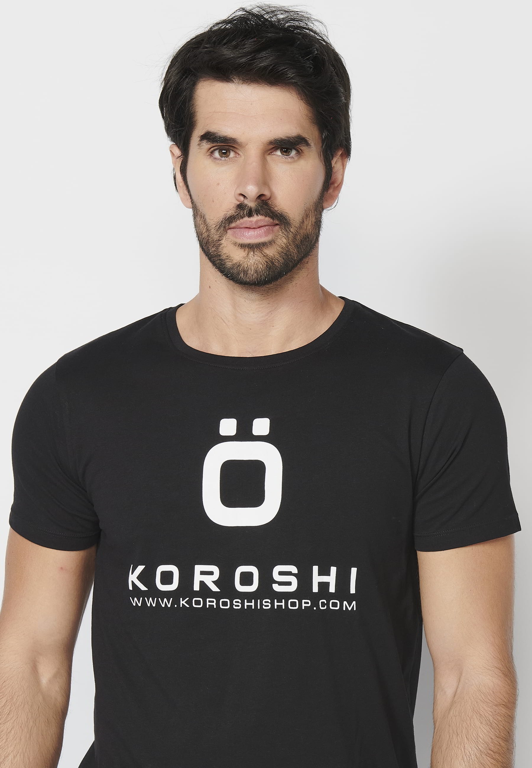 Short-sleeved Cotton T-shirt with front logo in Black color for Men