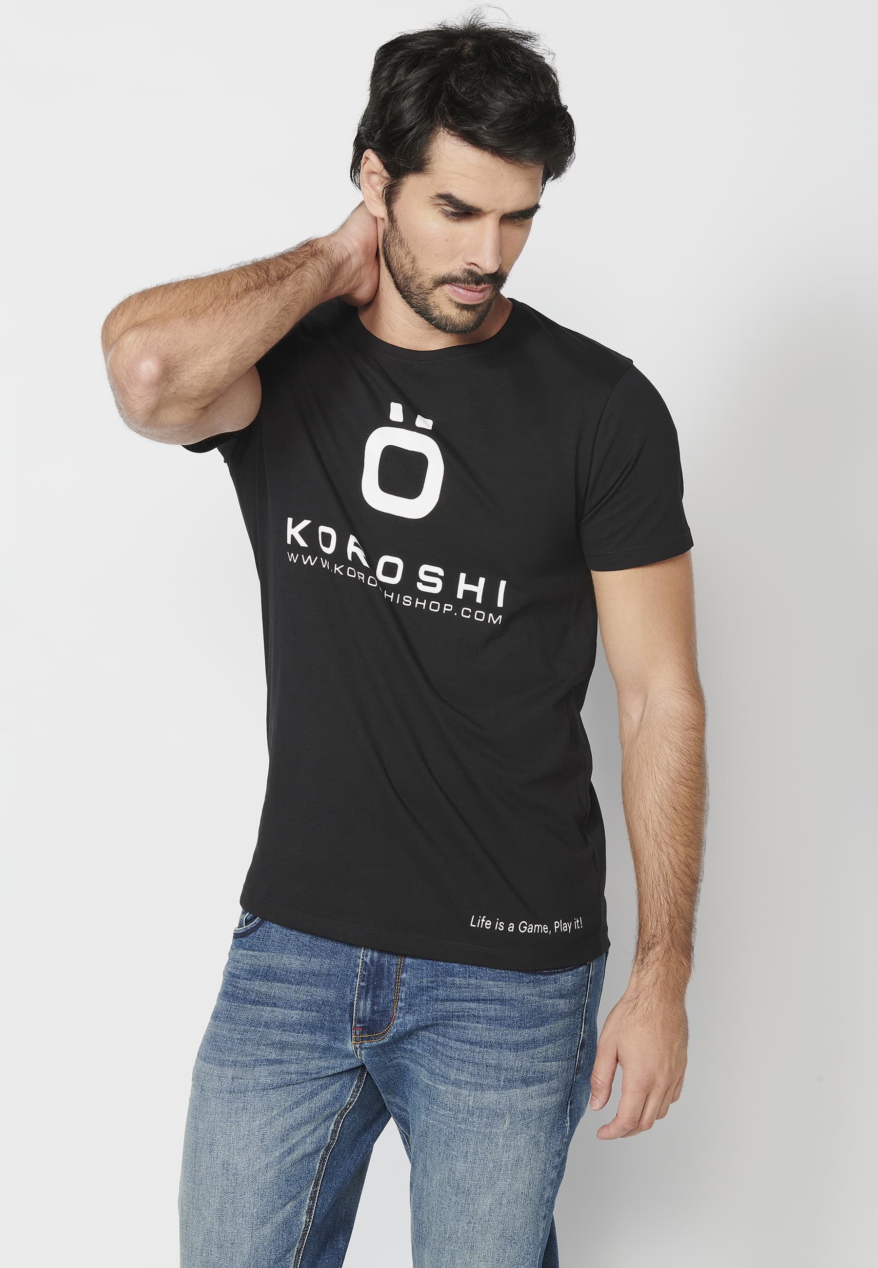 Short-sleeved Cotton T-shirt with front logo in Black color for Men