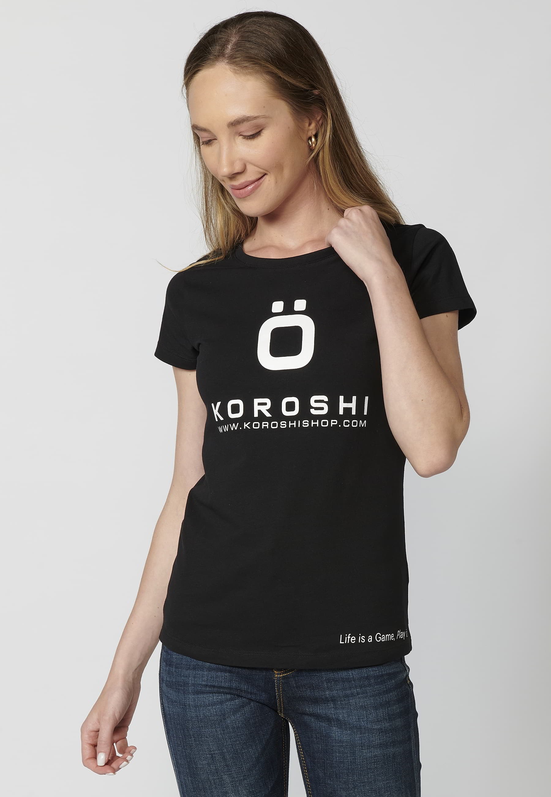 Schwarzes Kurzarm-T-Shirt aus Baumwolle mit Koroshi-Aufdruck für Damen