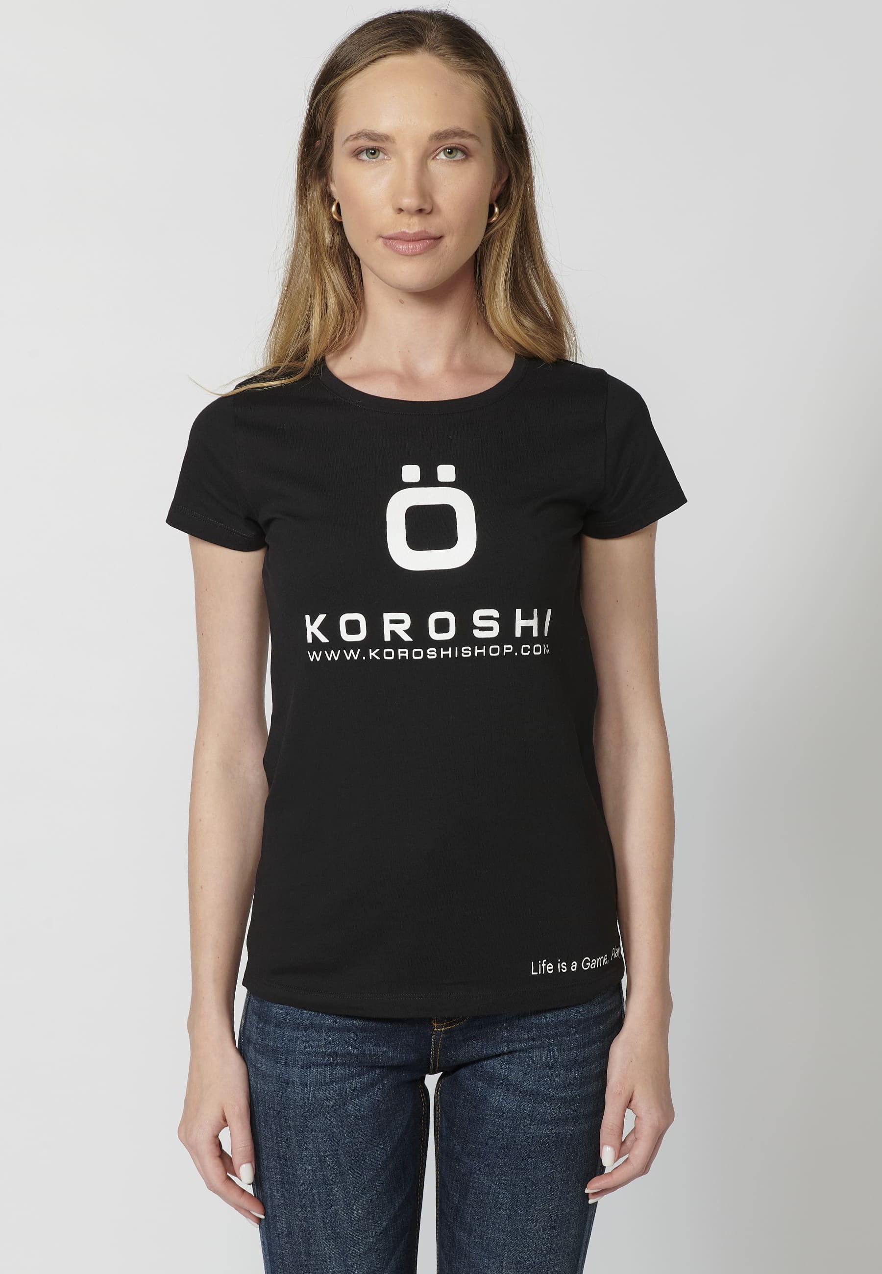 Schwarzes Kurzarm-T-Shirt aus Baumwolle mit Koroshi-Aufdruck für Damen 1