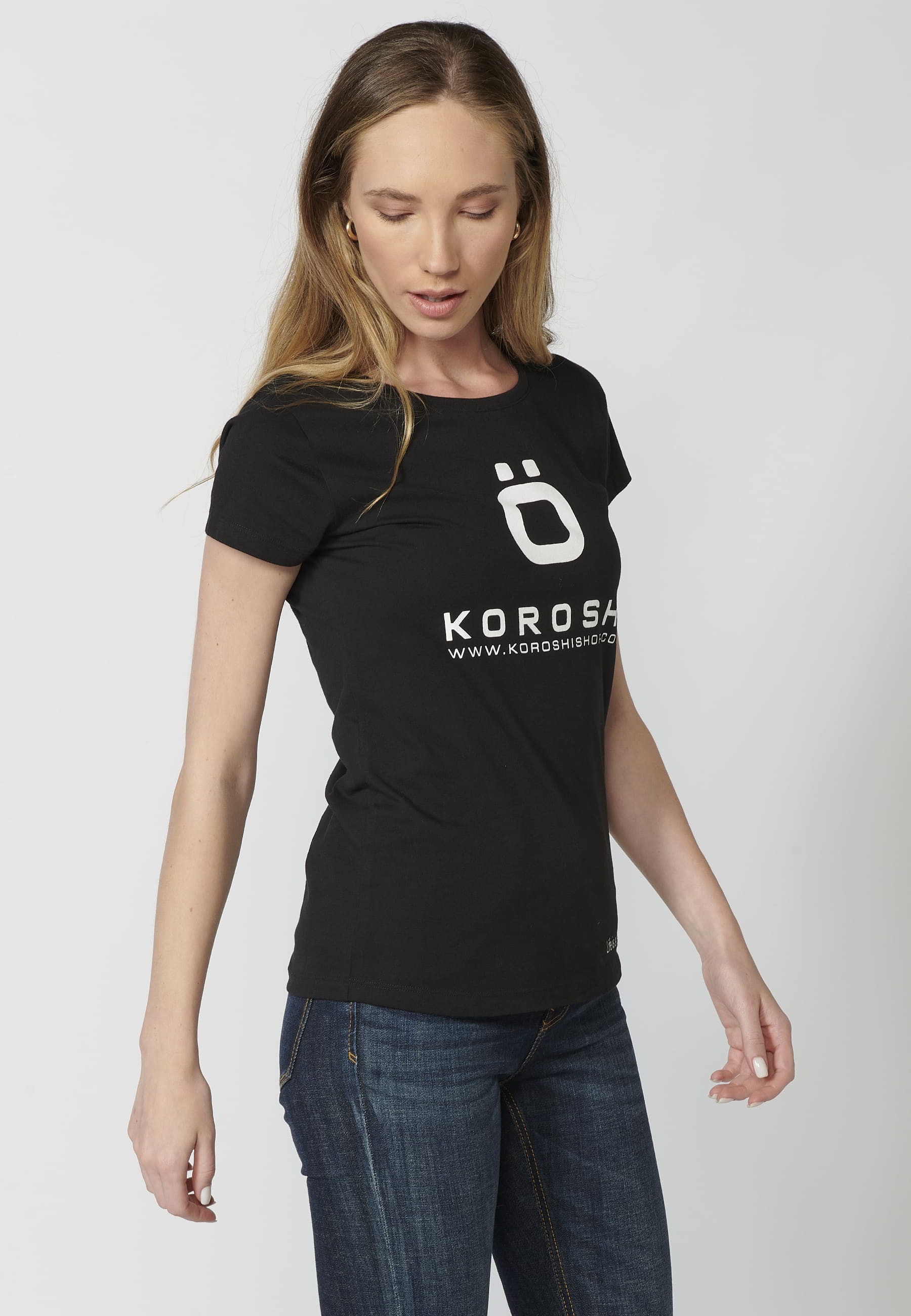 Schwarzes Kurzarm-T-Shirt aus Baumwolle mit Koroshi-Aufdruck für Damen 2