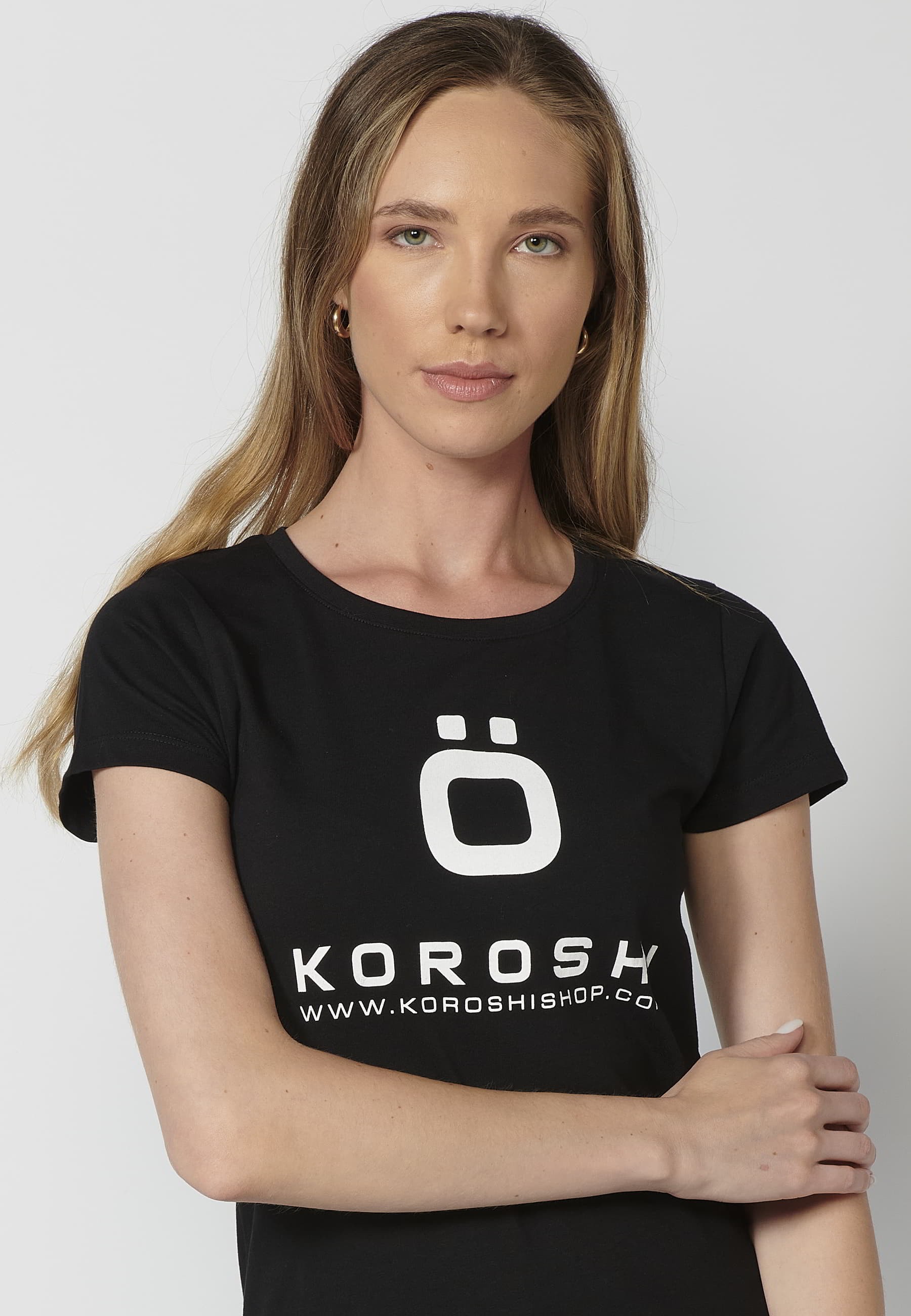 T-shirt à manches courtes en coton imprimé Koroshi noir pour Femme 4