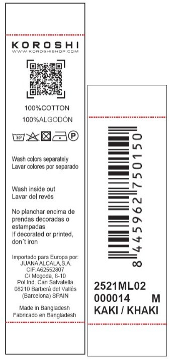 Camiseta de hombre kaki de manga larga, 100% algodón, con cuello redondo con abertura y estampado delantero.