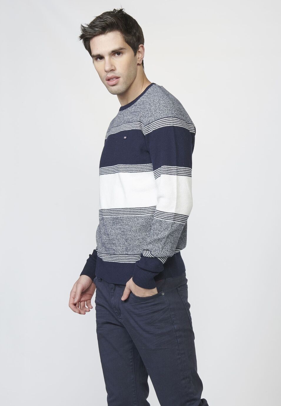 Jersey punto cuello redondo Texturizado a Rayas de Algodón para Hombre 4
