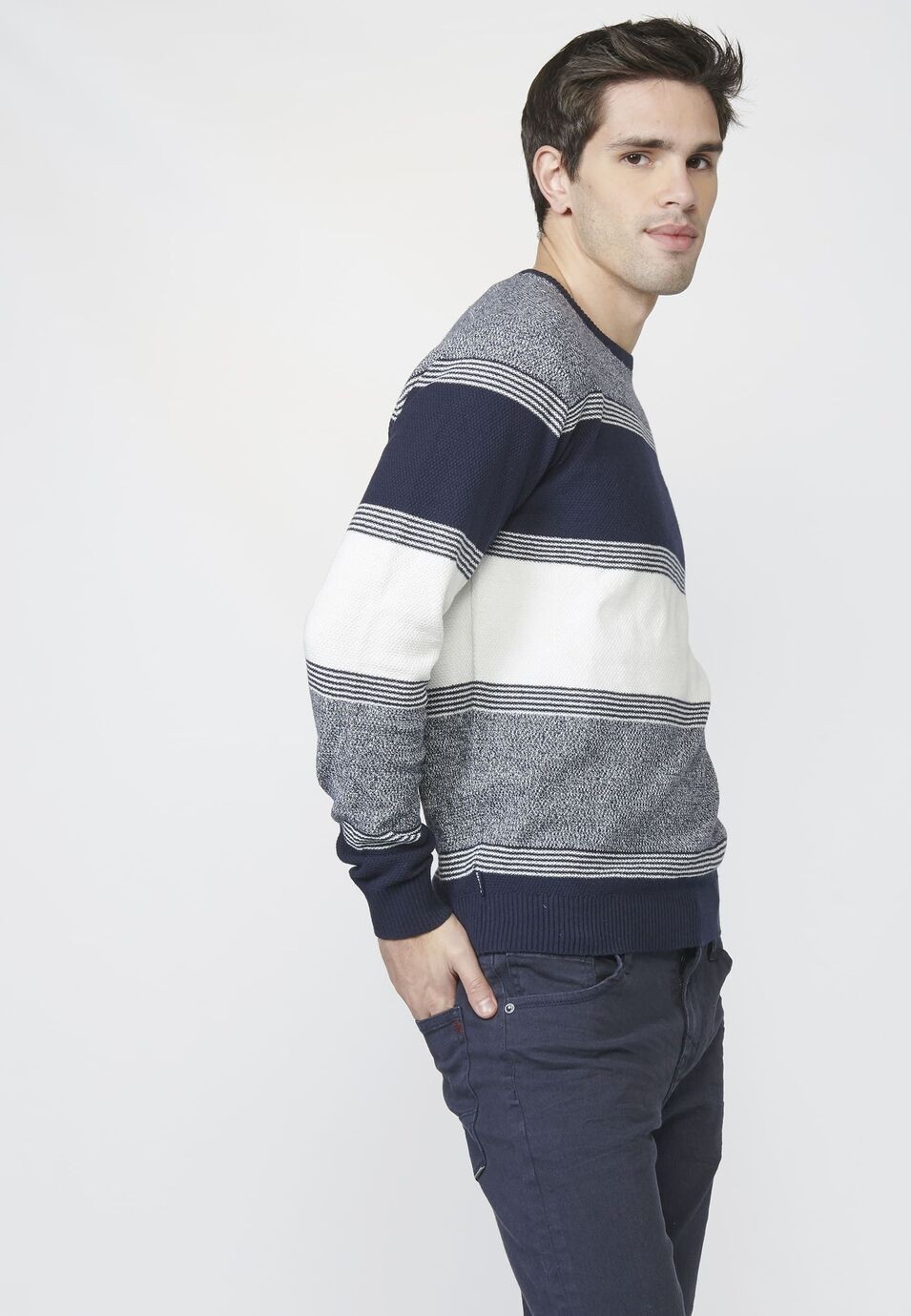 Jersey punto cuello redondo Texturizado a Rayas de Algodón para Hombre 2