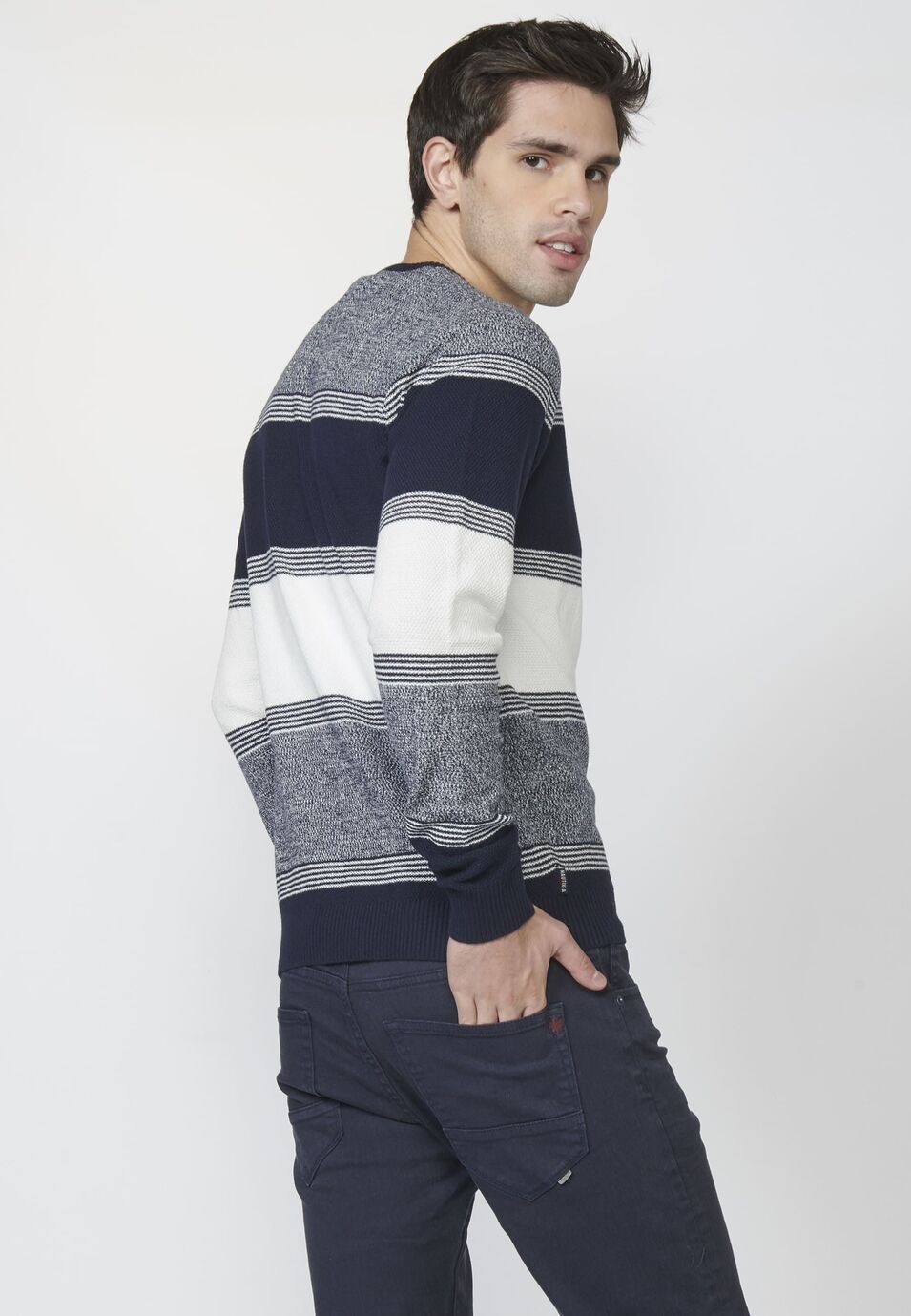 Jersey punto cuello redondo Texturizado a Rayas de Algodón para Hombre 1
